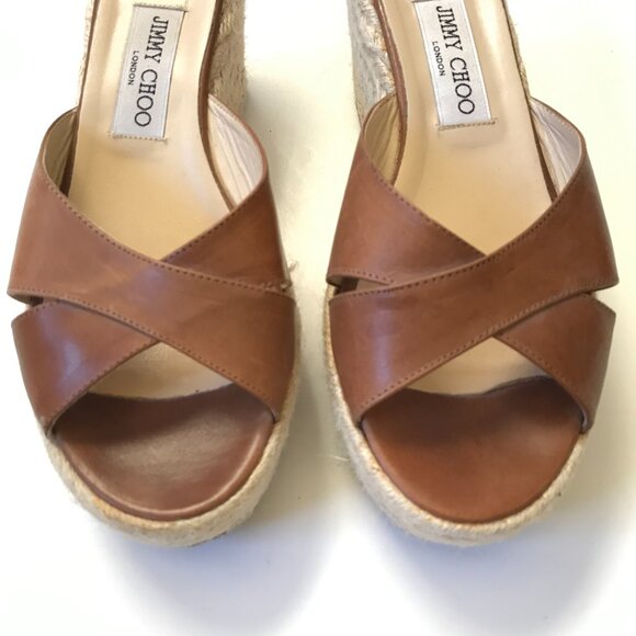 Jimmy Choo Dovina Wedge Sandals Womens 39 Brown Leather Open Toe Criss Cross - Picture 2 of 13